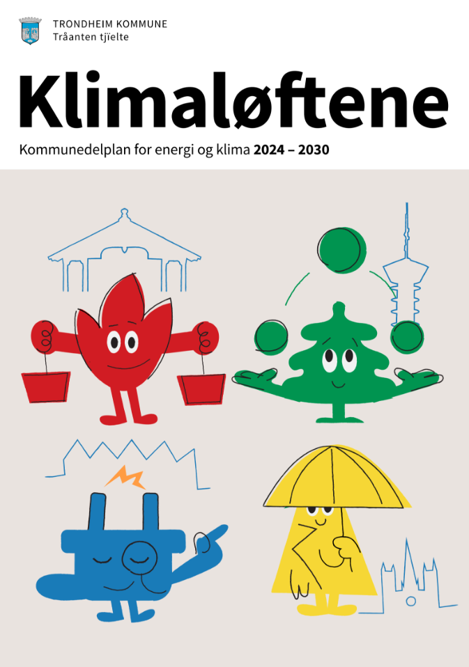 Et bilde av det første siden av Trondheims nye energi- og klimaplan "Klimaløftene". Det står fire ikoner som representer hovedtemaer av planen, energismart, klimarobust, sirkulær, og klimanøytral.