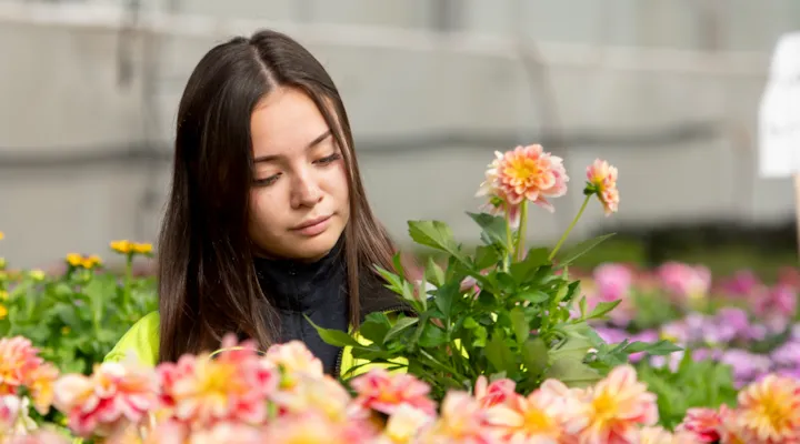 Cristina i blomsterhavet i gartneriet.