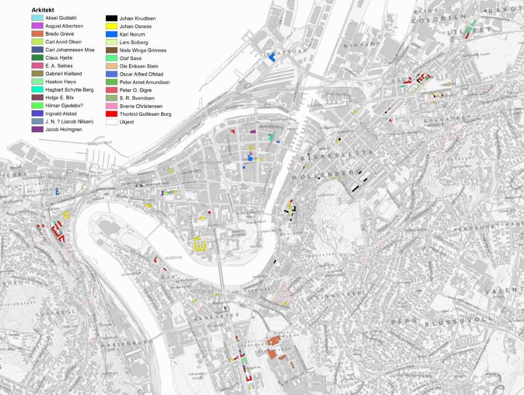 Kart over ulike arkitekters jugendbygninger