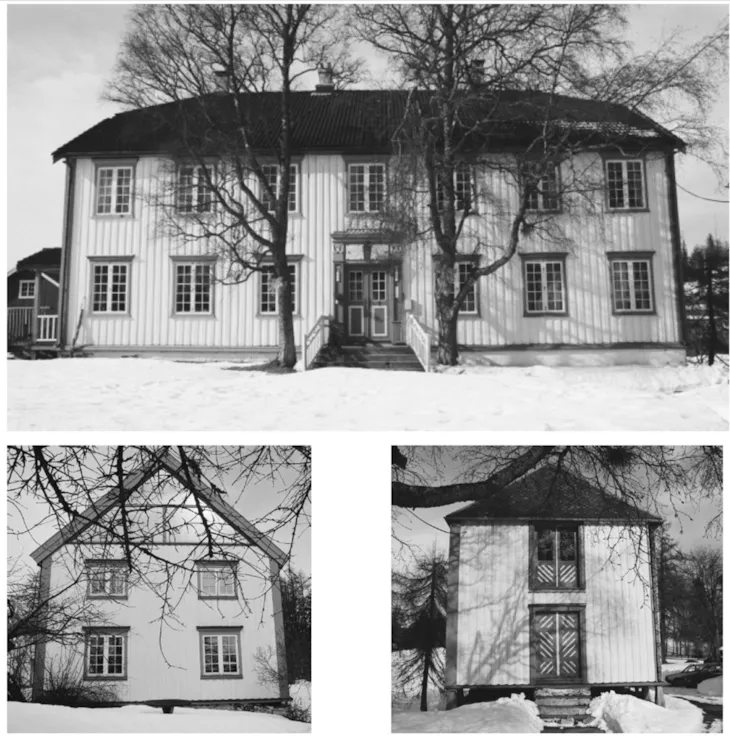 3 foto fra Ferstad gård, hovedhus stabbur og mndre bolighus