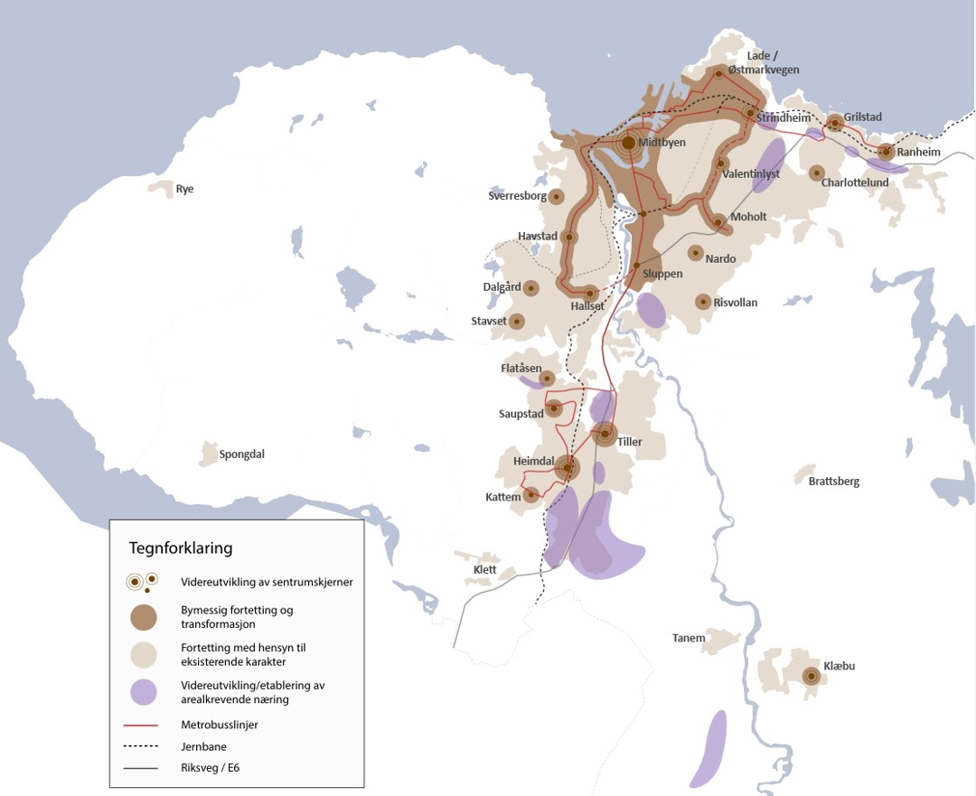 Bymessig fortetting vises som brunt p&aring; Trondheimskart