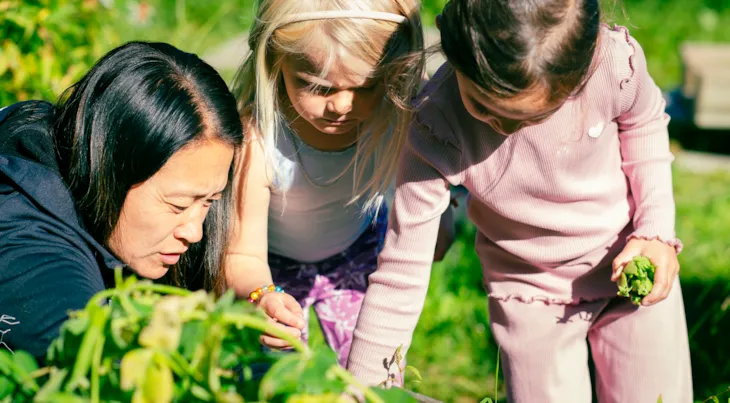 Kine og to barn i barnehagens grønnsakshage.