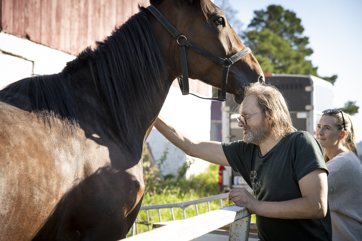 Tor Arne og Maren hilser p&aring; en hest