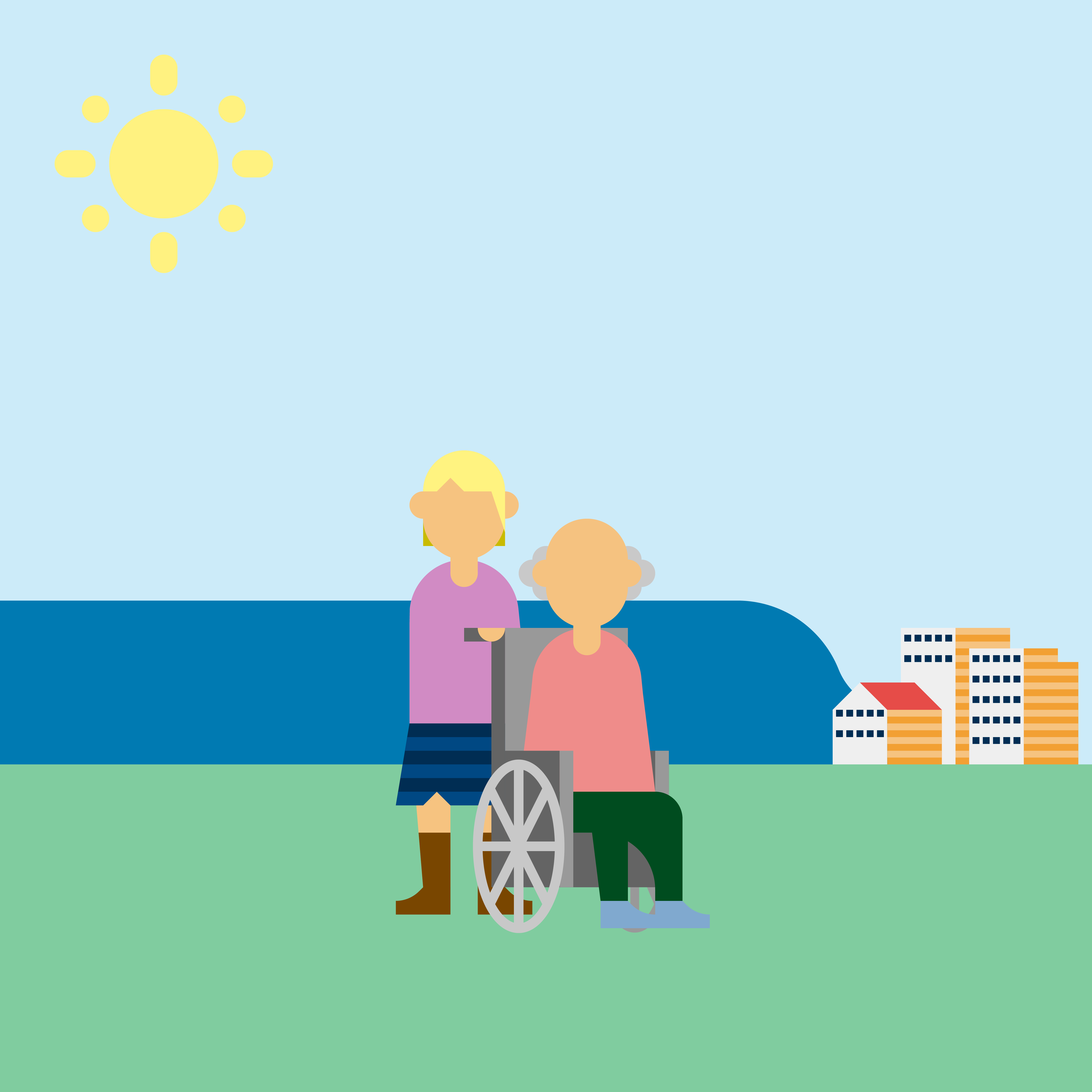 Illustrasjon av en kvinne som triller en mann i rullestol.