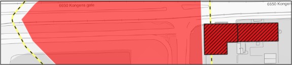 rød med svart skravur viser freda bygning