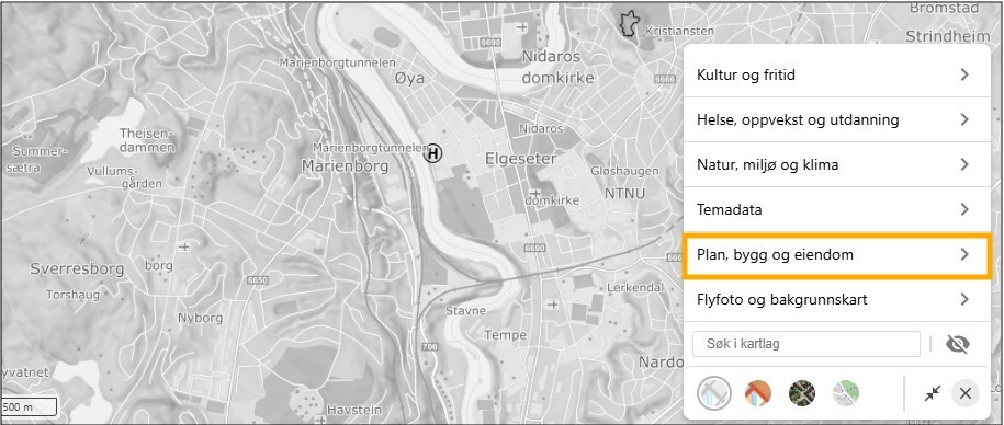 Bilde av kartet, velg Plan. bygg og eiendom