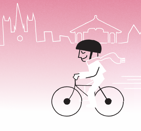 En tegneserie av en person på sykkel som går forbi kjente bygninger i Trondheim.