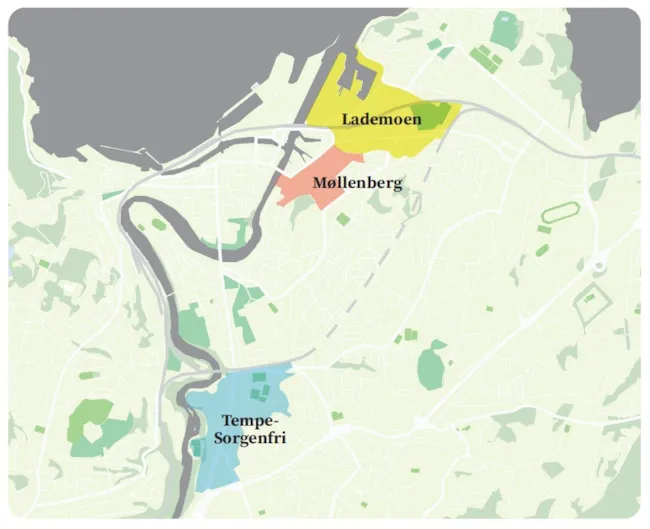 Kart hvor Tempe-Sorgenfri, Møllenberg og Lademoen er markert med farger i kartet.