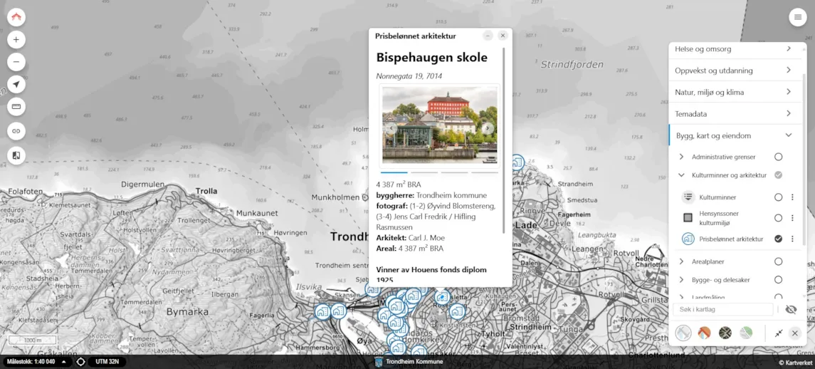 I Trondheimskartet får oversikt i kart og info om bygg og byrom i Trondheim som har vunnet priser for sin arkitektur.