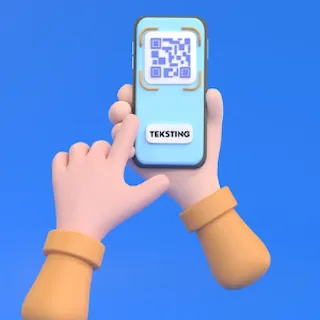 Grafisk fremstilling av en hånd som holder en mobil hvor det står ordet "tekst" på mobilen.
