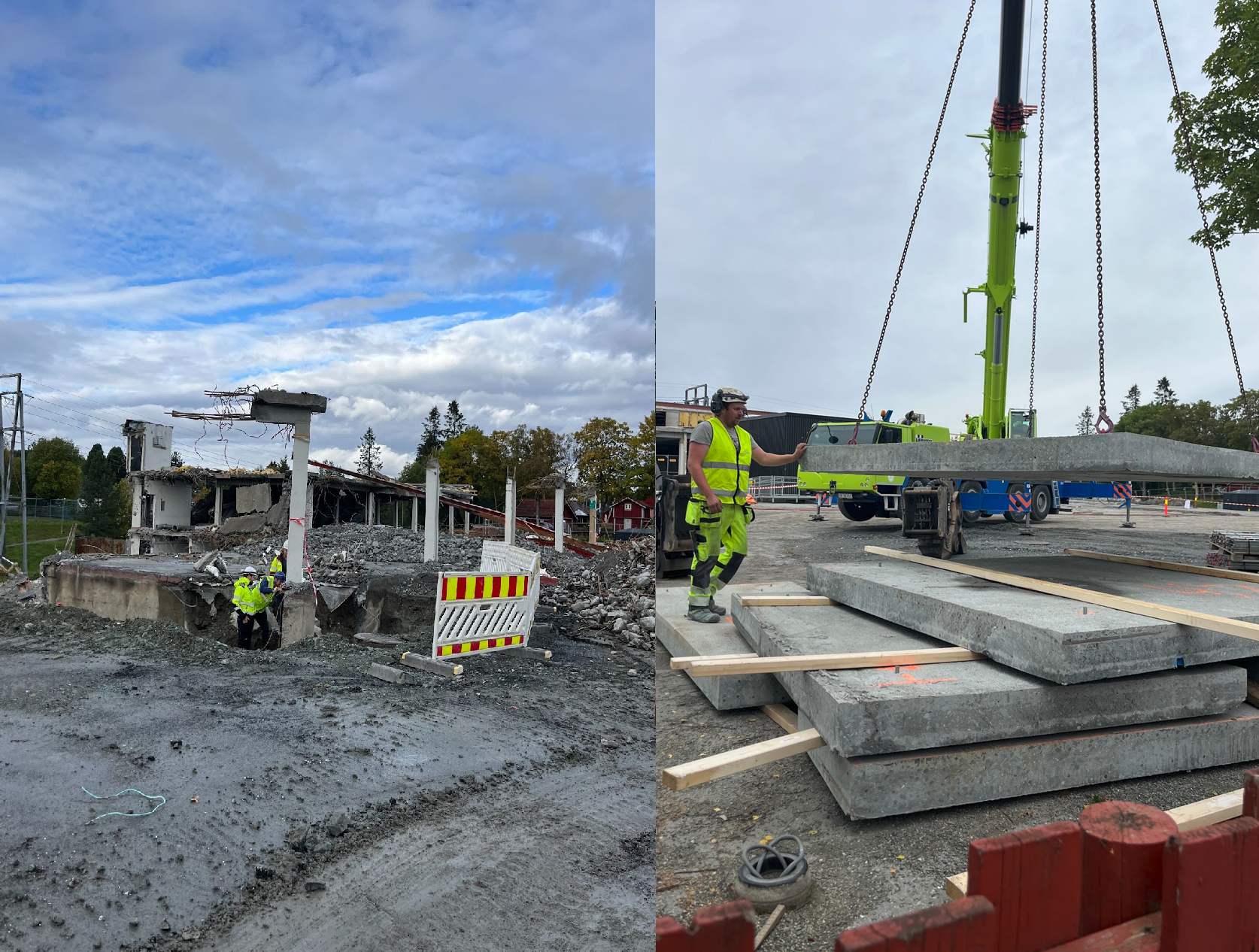 To bilder: Bilde 1: Et utend&oslash;rs bilde av en bygning som er under riving. Man ser to personer i gule vernevester og hvite hjelmer ved siden av de fallende veggene og betongs&oslash;ylene. Bilde 2: En anleggsarbeider i gul refleksvest og hjelm st&aring;r ved siden av flere store betongplater mens en gr&oslash;nn kran heiser en av dem over bakken.