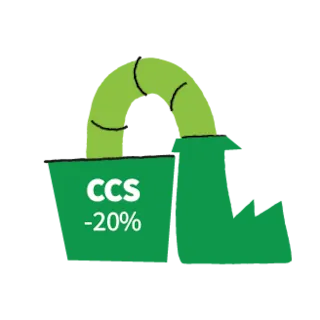 Bilde av en grønn illustrasjon som viser en fabrikkpipe med teksten "CCS -20%".