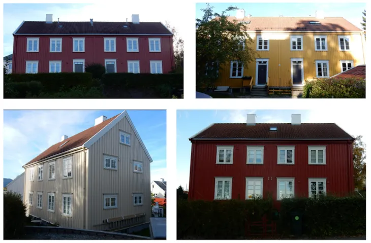 4 ulike toetasjers bygninger i omådet