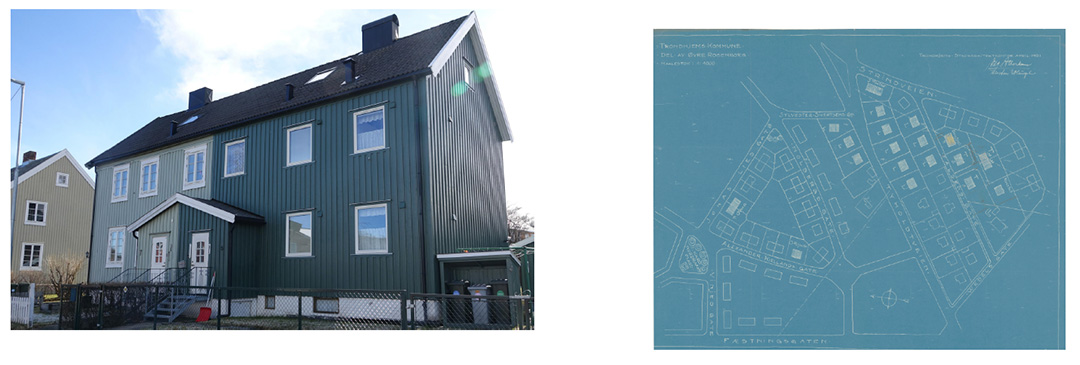 Et bolighus i to etasjer samt en eldre plan over omr&aring;det