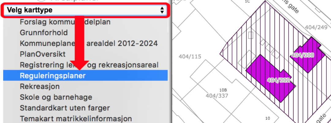 Viser skift karttype i venstre marg til Reguleringsplaner