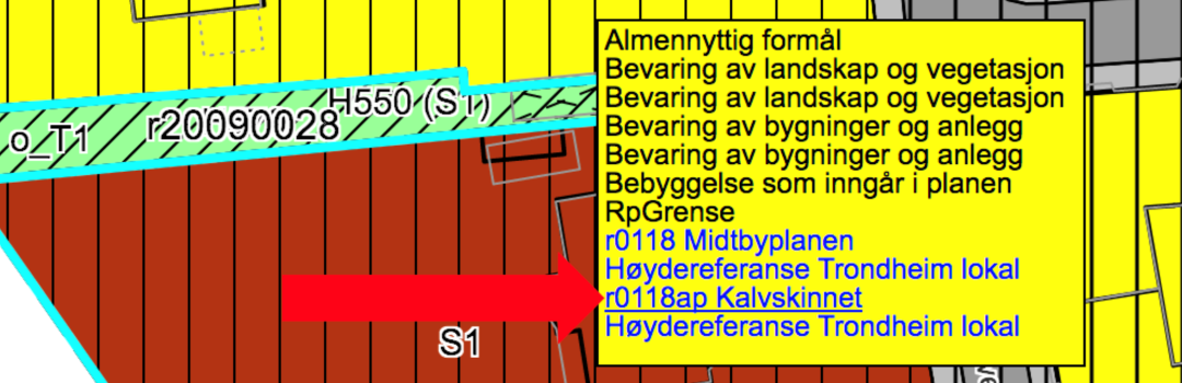 Viser gul boks i kart hvor du trykker p&aring; lenke til reguleringsplan