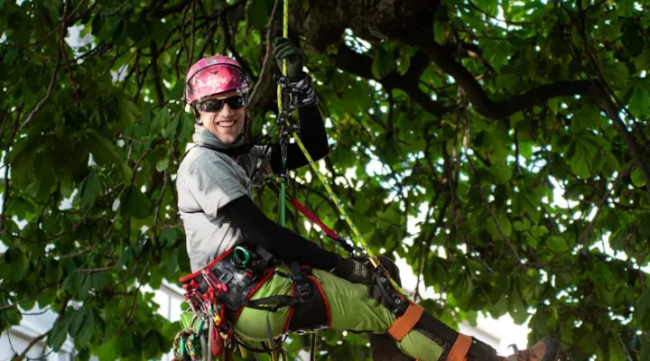 Martinus henger i tau ned fra et tre. Han har klatreutstyr på, i form av tau og annet sikkerhetsutstyr. Han smiler til fotografen.