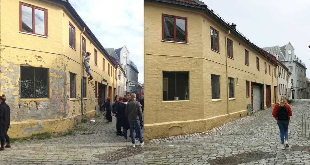 Fasadebilder f&oslash;r og etter oppussing av mur