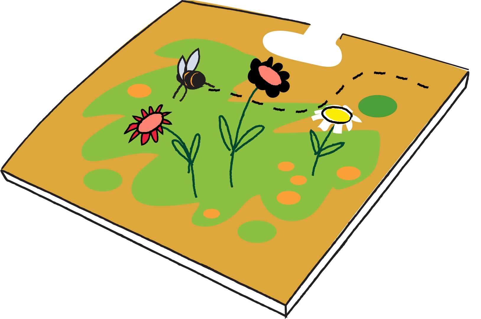 En tegneserieaktig illustrasjon i perspektiv som viser en liten, flygende bie som polliner en hage med tre stiliserte blomster (en rød, en svart-rød og en hvit-gul) og flekker av grønt og oransje. Biens flyvebane er markert med en stiplet linje.