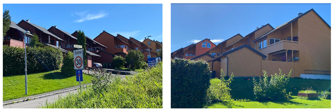 rekkehusene i gule og r&oslash;de toner