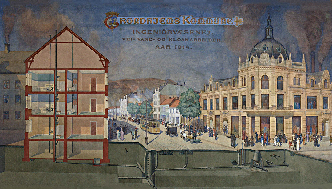 Illustrasjon. Tverrsnitt av bygning for å illustrere innvendig vann og kloakkopplegg.