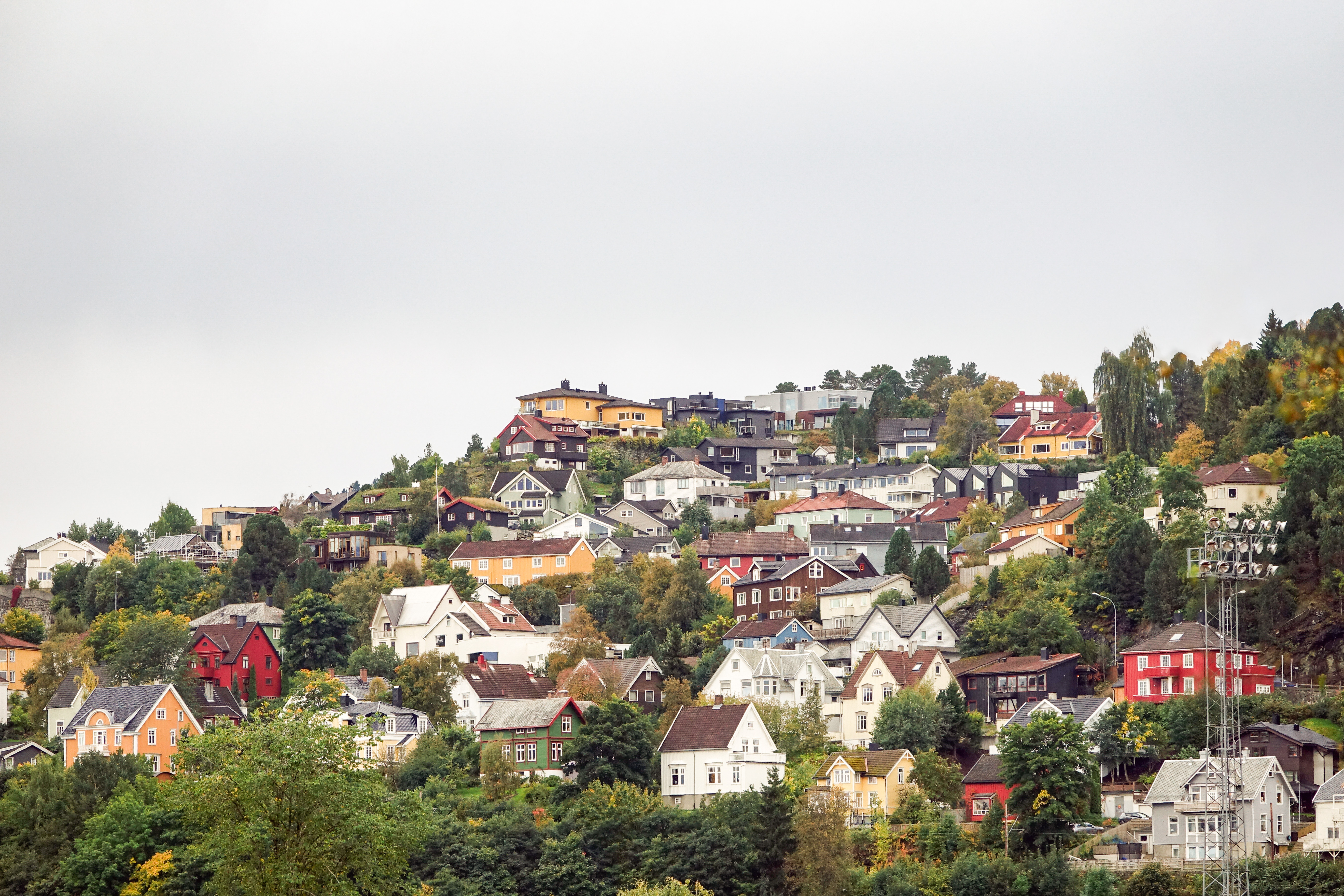 Bilde av byåsen sett fra Kalvskinnet som viser bysilhuetten av småhusbebyggelse med saltak og flere farger