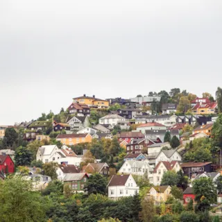 Bilde av byåsen sett fra Kalvskinnet som viser bysilhuetten av småhusbebyggelse med saltak og flere farger