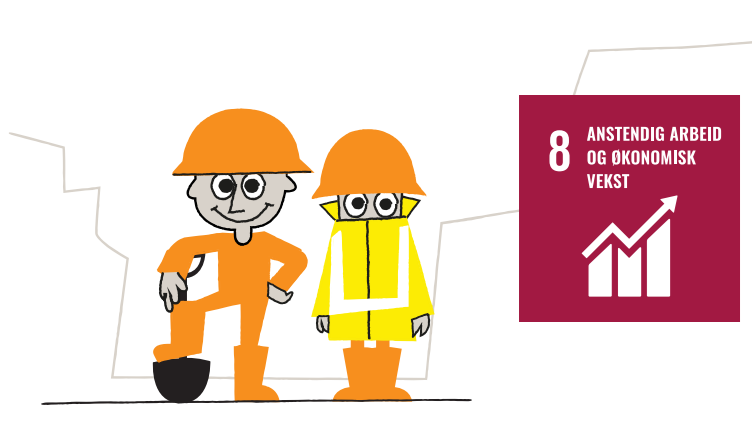 Illustrasjon av to tegneseriefigurer kledd i byggearbeiderutstyr – en i oransje og en i gul verneklær – ved siden av FNs bærekraftsmål nummer 8-ikon som representerer "Anstendig arbeid og økonomisk vekst."