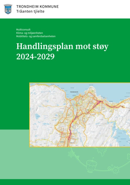 picture describer Custom Gem Bildebeskrivelse Omslaget til en handlingsplan fra Trondheim kommune, med tittelen Handlingsplan mot støy 2024-2029 mot en grønn bakgrunn. Nederst på omslaget er det et kartutsnitt som viser Trondheim, med markerte veier og boligområder.