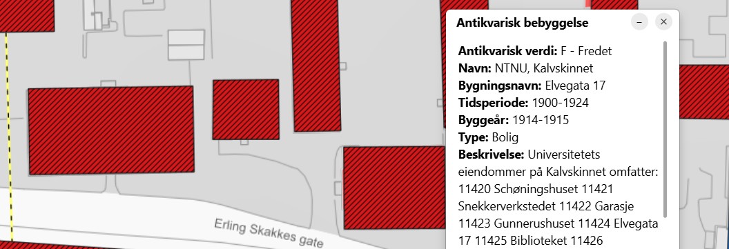 Freda bygning r&oslash;d med svart skr&aring;skravur p&aring; kartet