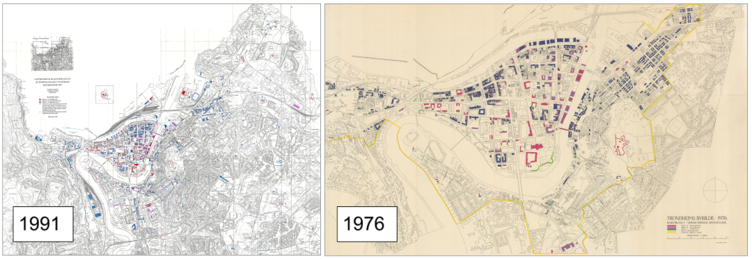 Antikvarisk kart fra 1976 og 1991 for Trondheim