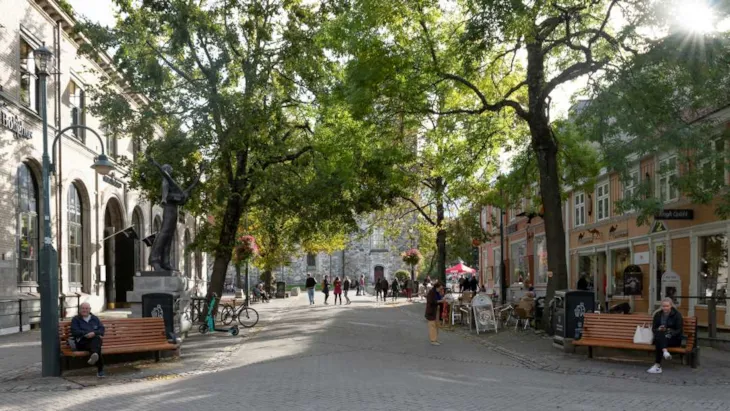 Gågaten Nordre gate med grønne trær og folk.