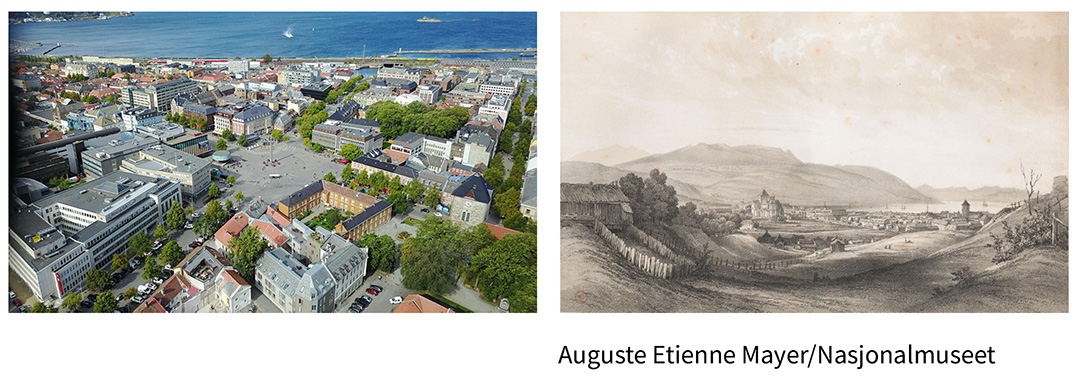 flyfoto torget og eldre illustrasjon av landskapet rundt byen