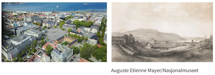 flyfoto torget og eldre illustrasjon av landskapet rundt byen