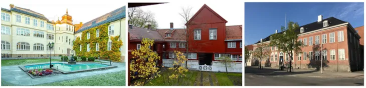 tre ulike institusjonsbygninger