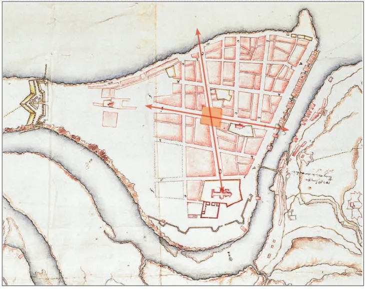 Kart fra 1695 som viser Cicignons nye byplan etter brannen i 1681