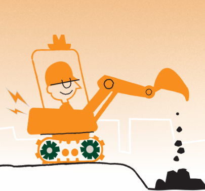 En gul smilende skikkelse i en traktor som legger skitt ned i bakken.