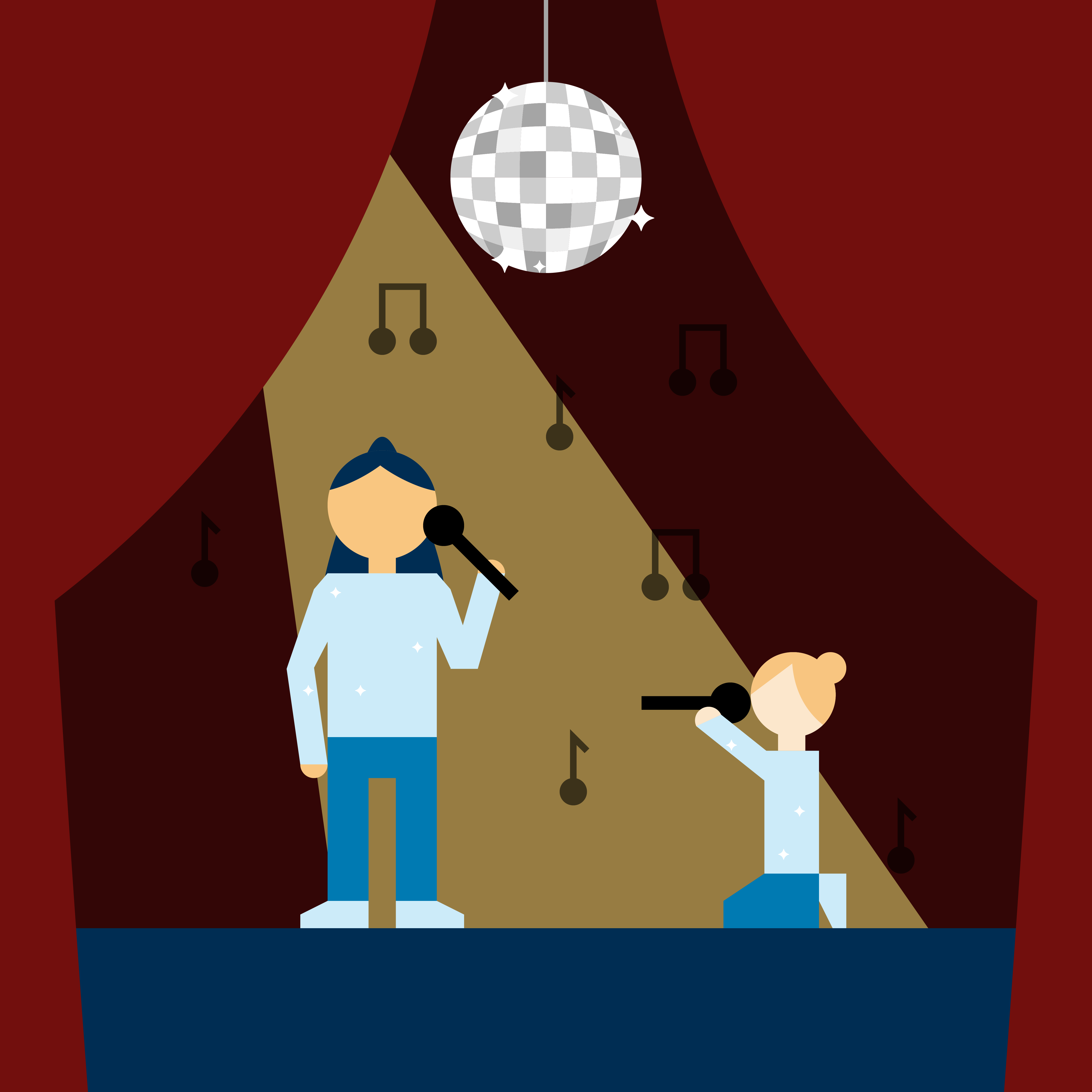 Illustrasjon av to personer som synger på en scene.