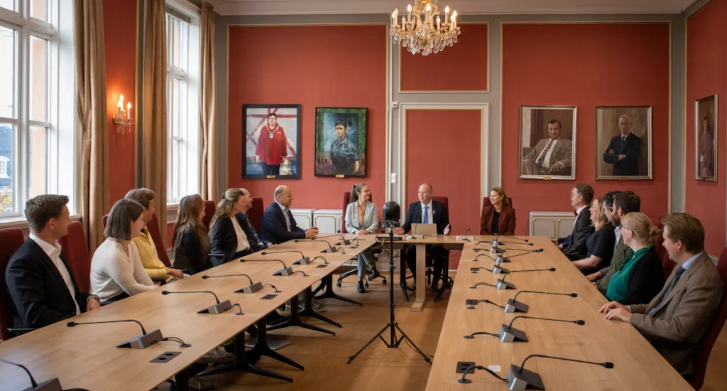 Møtebord i bårådssalen med nykonstituert byråd med sekretærer