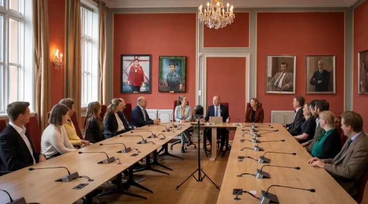 Møtebord i bårådssalen med nykonstituert byråd med sekretærer