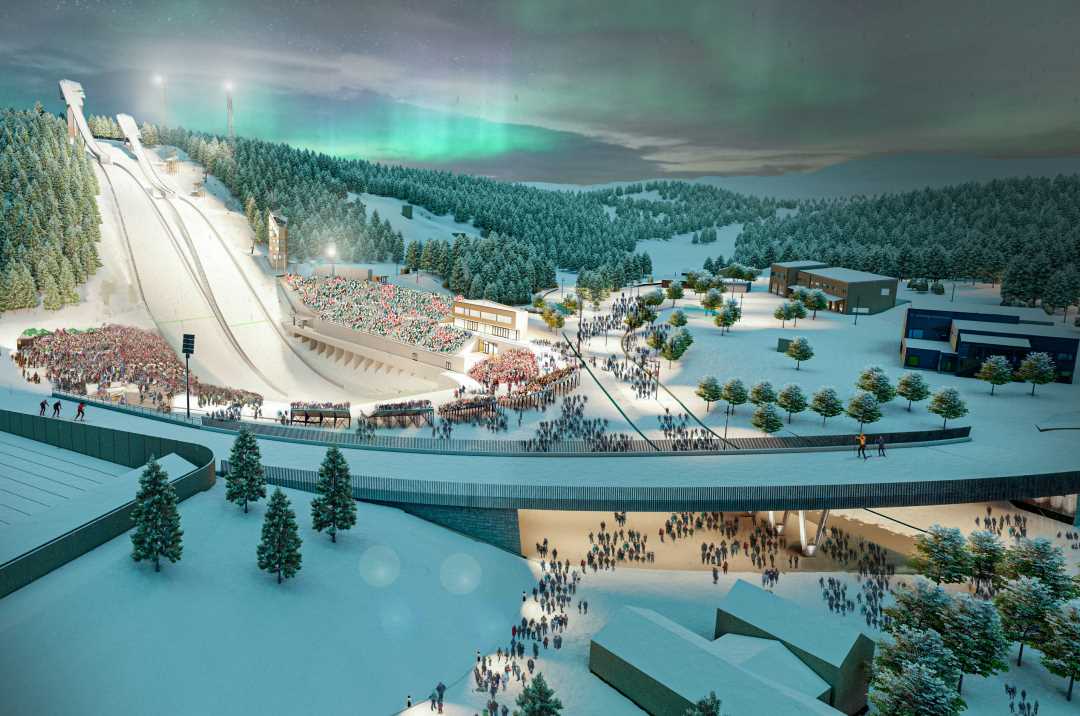 Hoppbakkene i Gran&aring;sen dekket av sn&oslash; med nordlys p&aring; himmelen. Illustrasjon