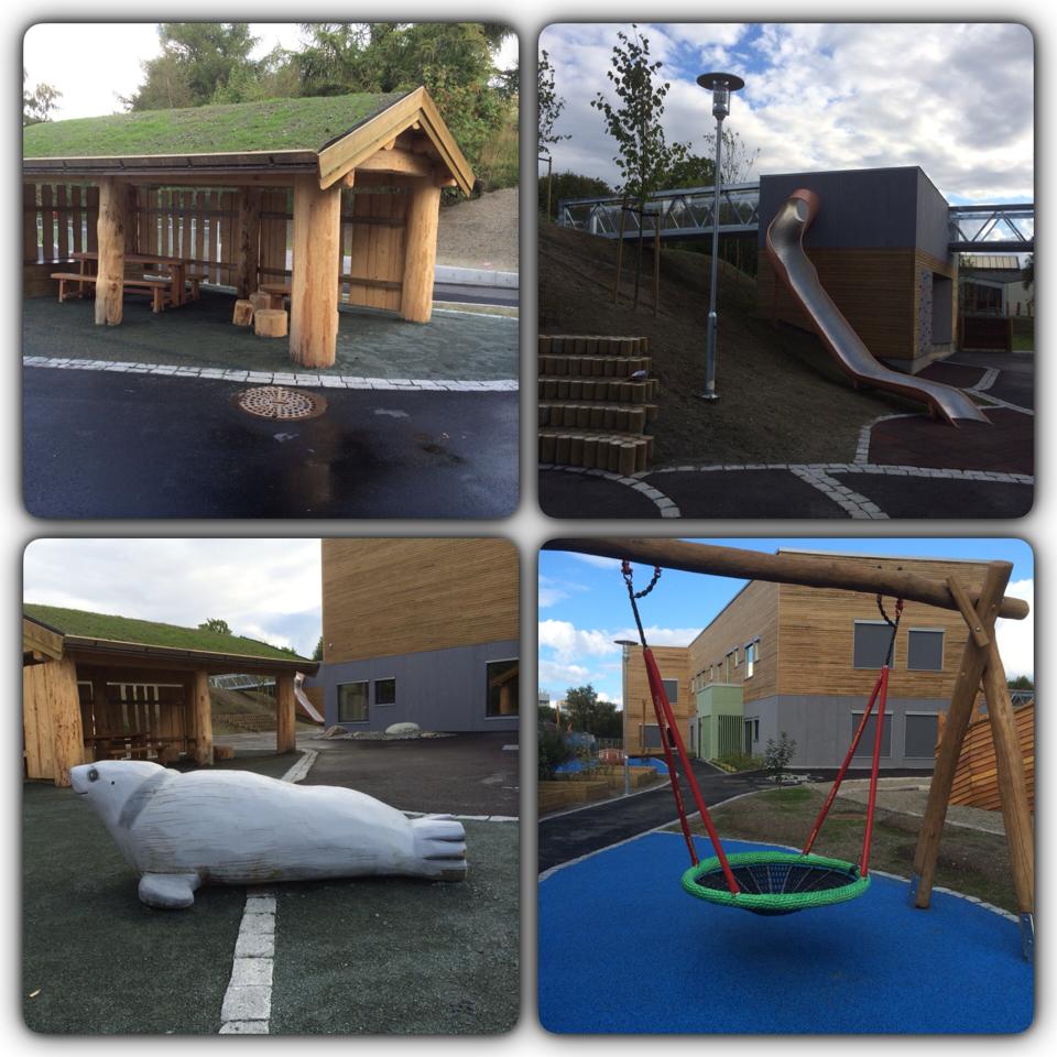 Kollasj av utendørsleker ved Tiriltoppen barnehage