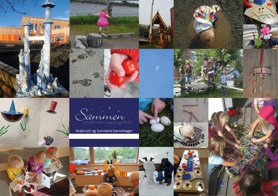 Kollasje av barnehageunger i lek og kunst laget av barn