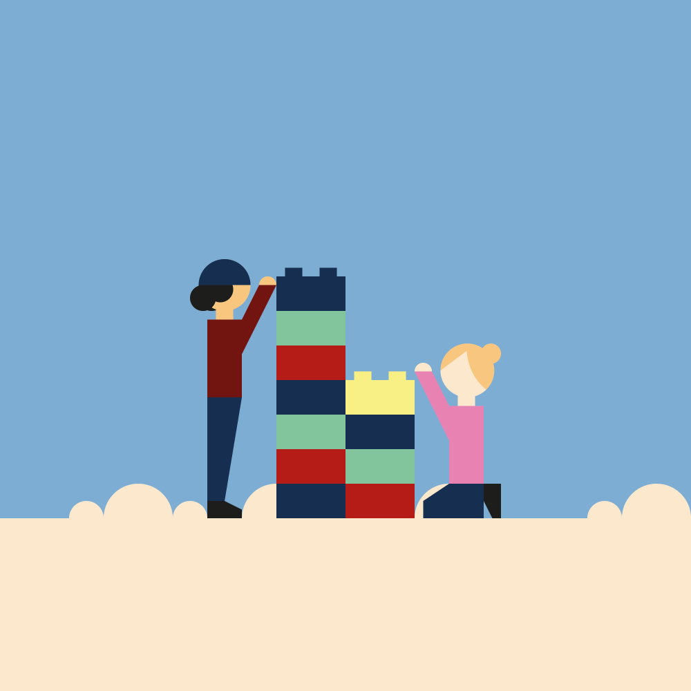 Tegning av to barn som bygger tårn av klosser