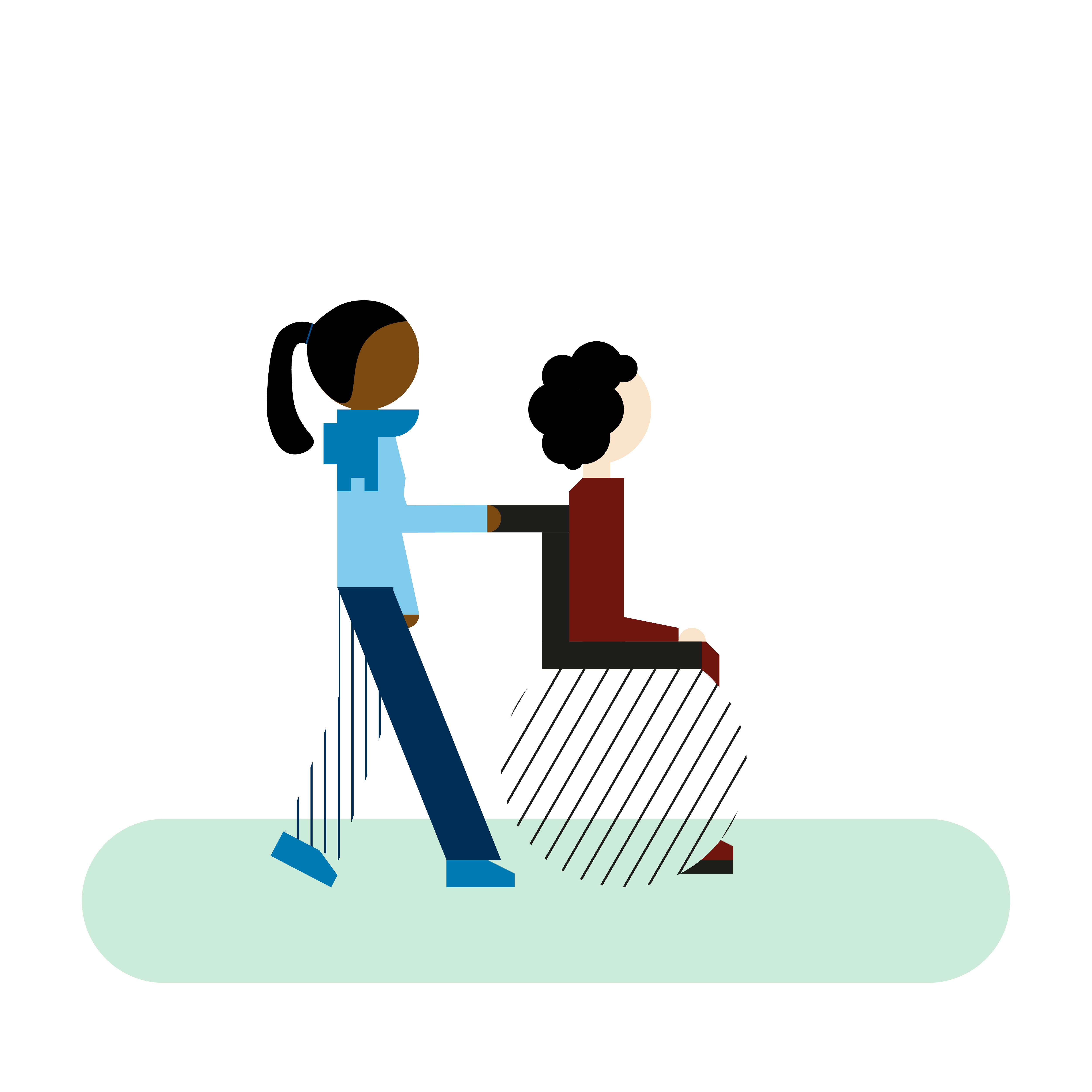 Illustrasjon av en person som triller en annen person i rullestol