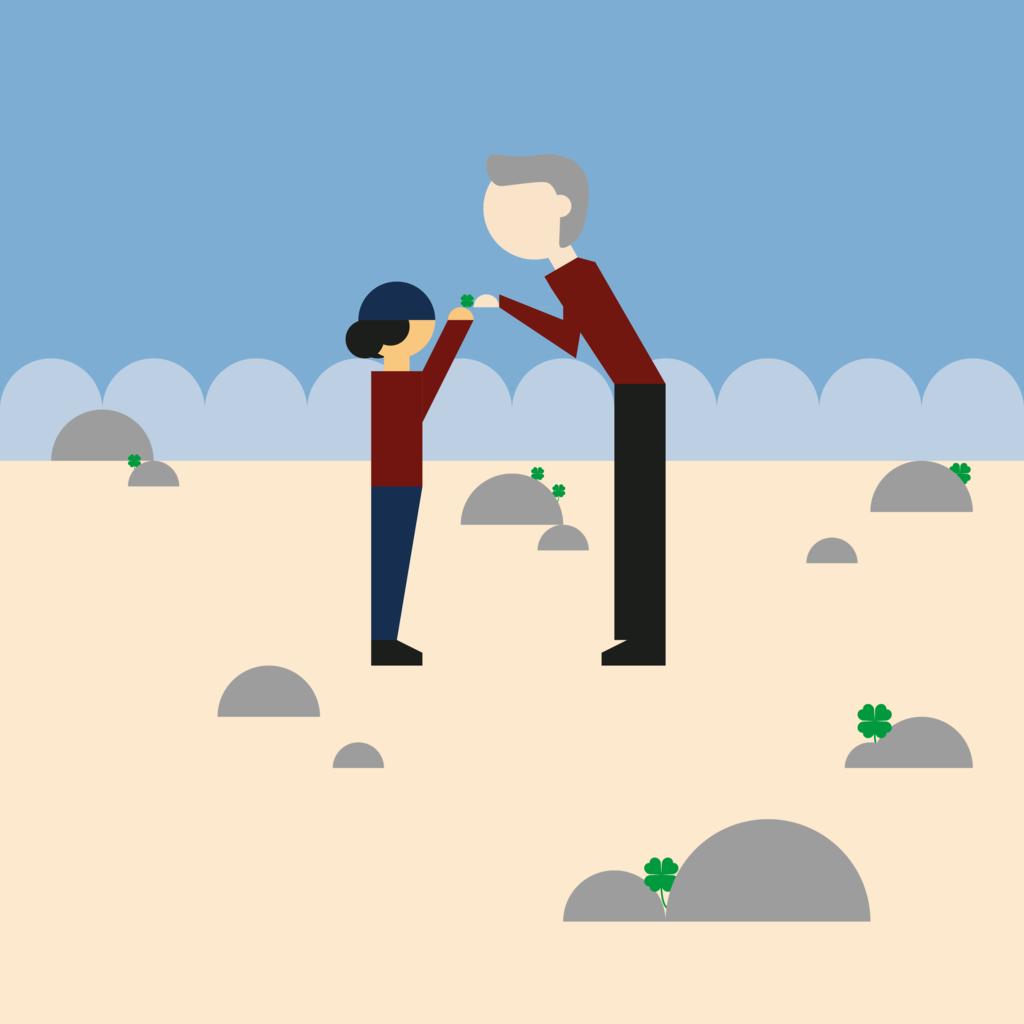 Illustasjon med en eldre person og et barn som sammen plukker gulerøtter