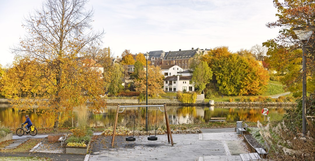 Park med benk og dissestativ. Løv på bakken