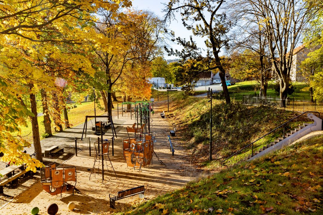 Lekeplass med store trær rundt