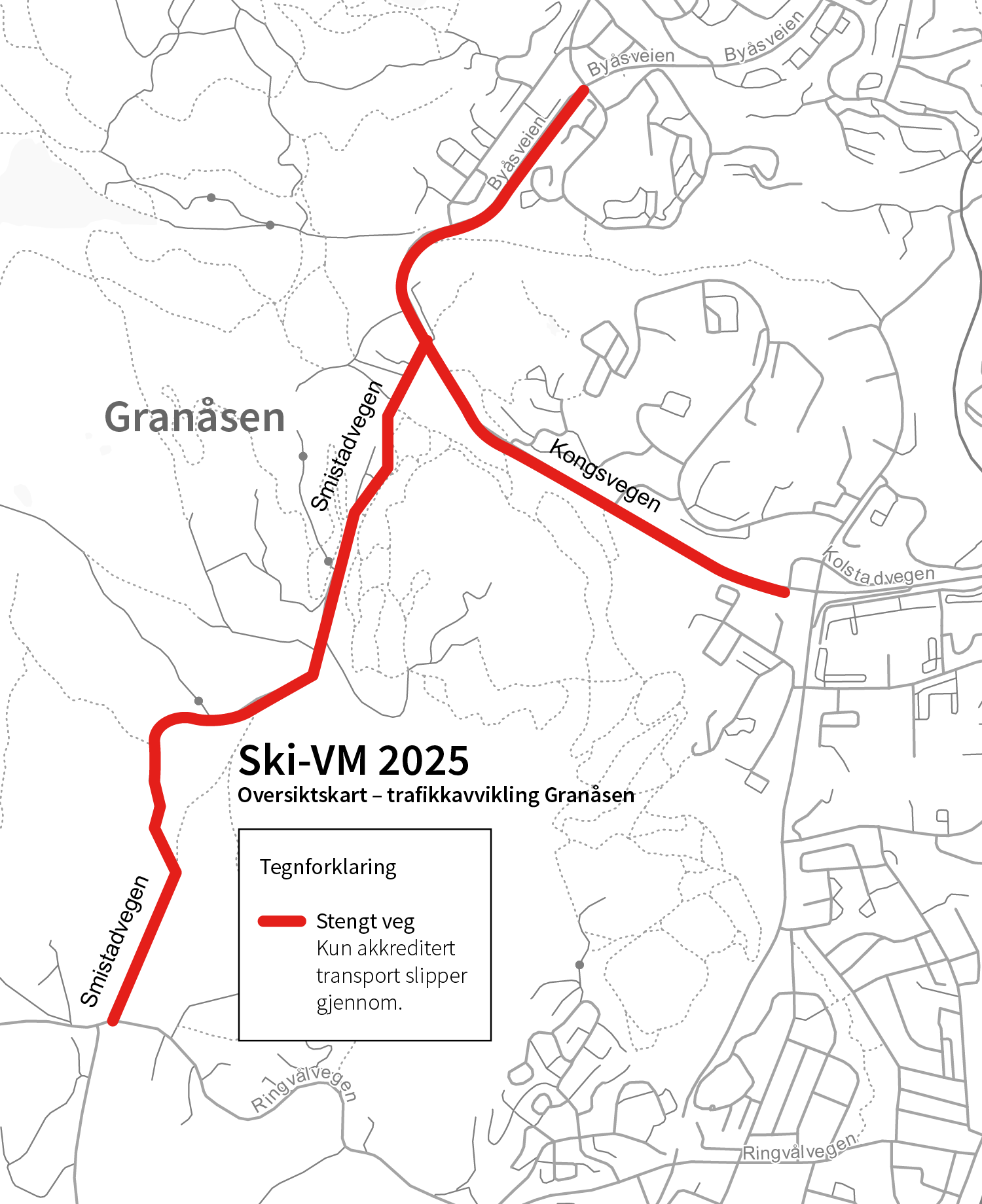 Et kart som viser stengte veier rundt Granåsen