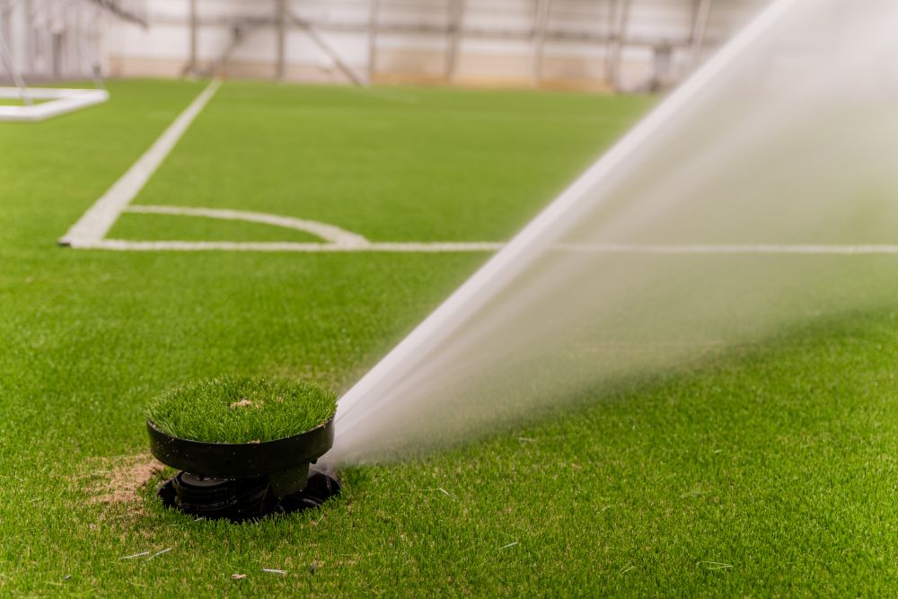 vann som spruter ut over fotballbanen